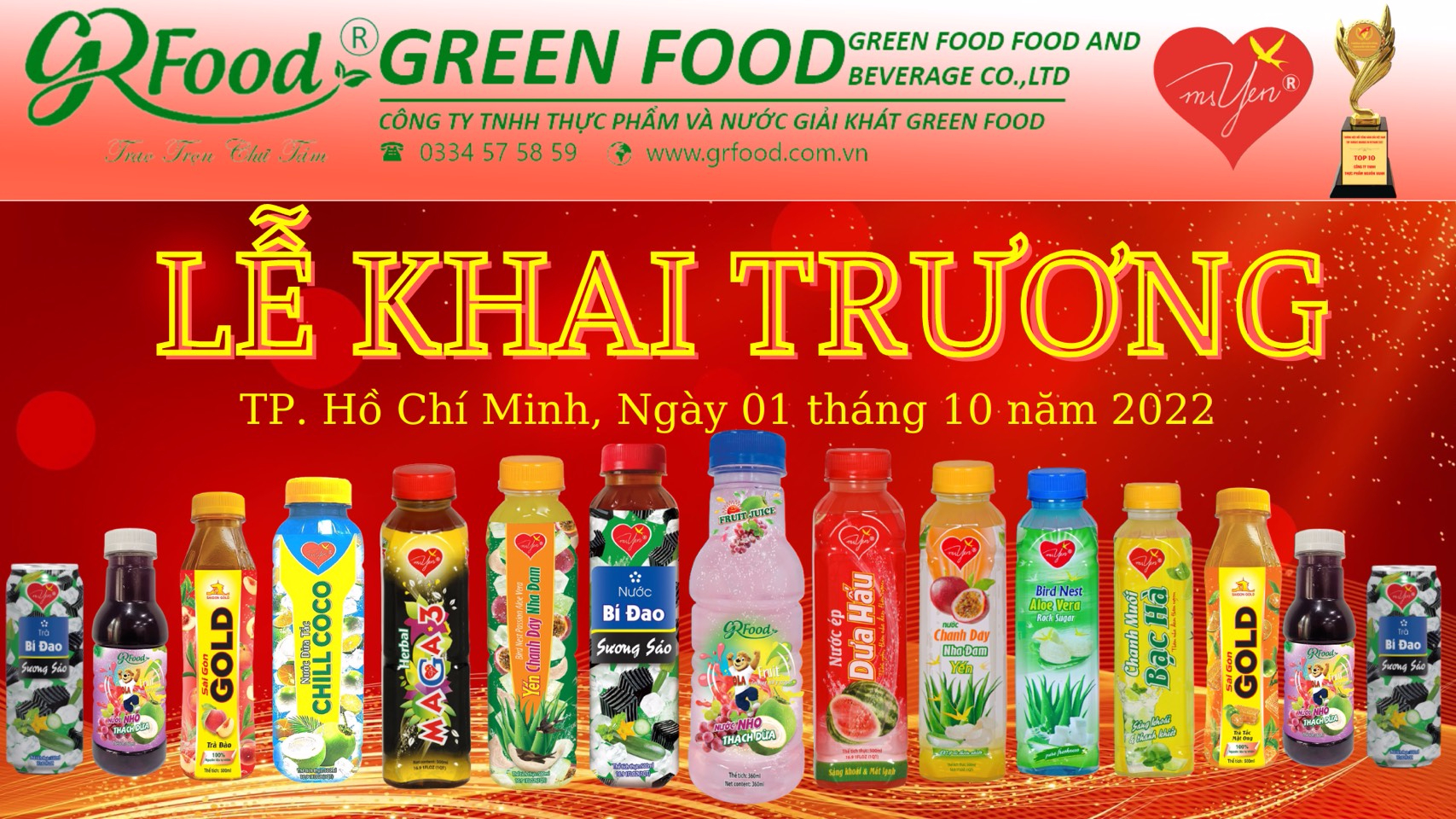 THƯƠNG HIỆU MS YEN ĐỒNG HÀNH CÙNG CÔNG TY TNHH THỰC PHẨM VÀ NƯỚC GIẢI KHÁT GREEN FOOD TRONG BUỔI LỄ KHAI TRƯƠNG